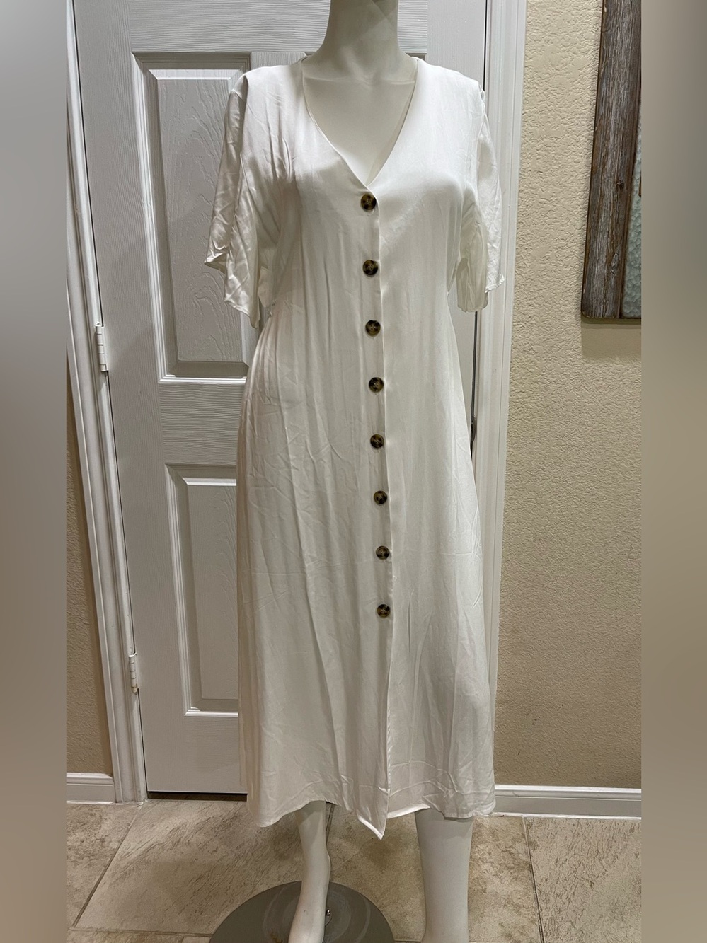 Silk & Salt Off-White Button Down Midi Dress Flutter Sleeve XL NWT